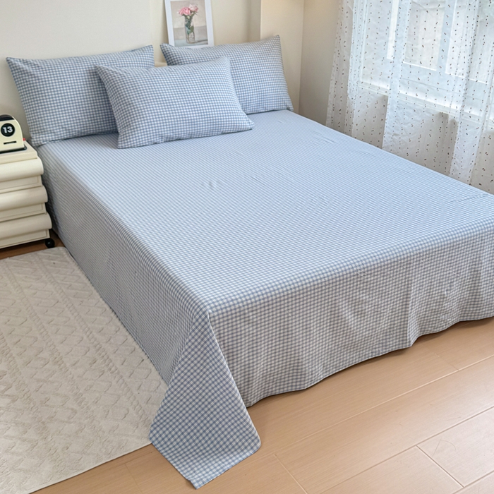 91家纺网 家纺一手货源 找家纺 佑佳家纺 2026新款全棉色织床笠款四件套 蓝小格