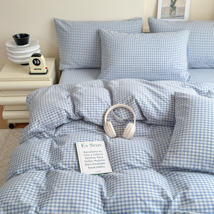 91家纺网 家纺一手货源 找家纺 佑佳家纺 2026新款全棉色织床笠款四件套 蓝小格