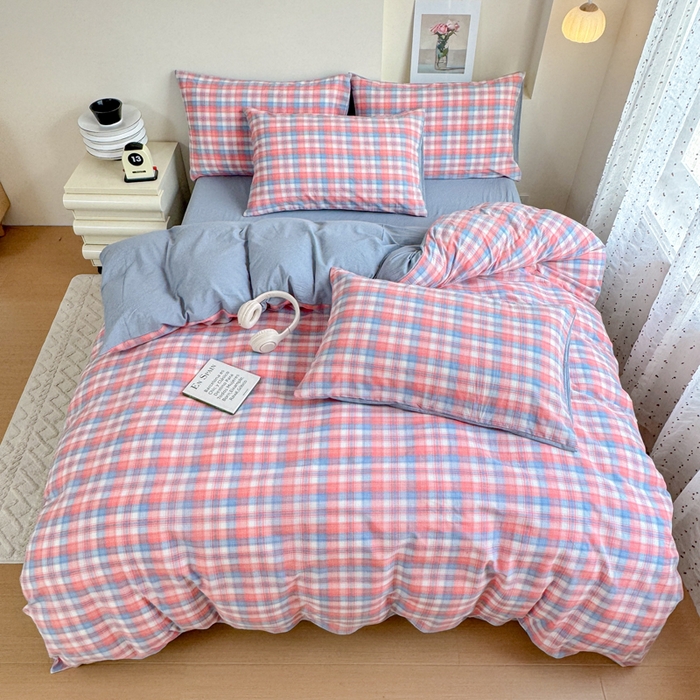 91家纺网 家纺一手货源 找家纺 佑佳家纺 2026新款全棉色织水洗棉四件套 嘟嘟柚红