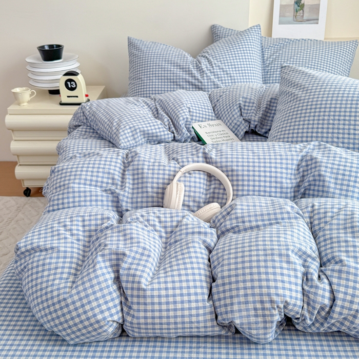 91家纺网 家纺一手货源 找家纺 佑佳家纺 2026新款全棉色织床笠款四件套 蓝小格