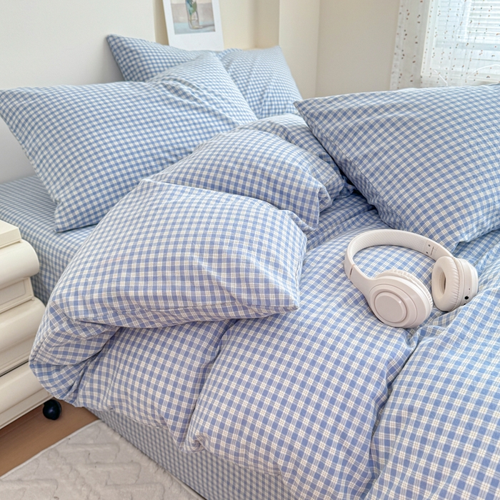 91家纺网 家纺一手货源 找家纺 佑佳家纺 2026新款全棉色织床笠款四件套 蓝小格