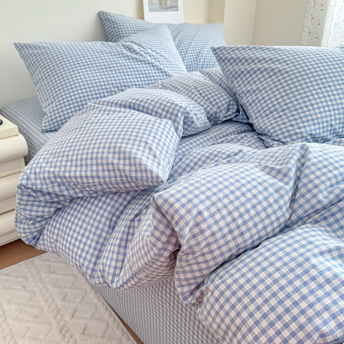 91家纺网 家纺一手货源 找家纺 佑佳家纺 2026新款全棉色织床笠款四件套 蓝小格