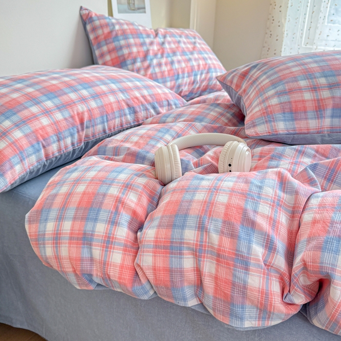 91家纺网 家纺一手货源 找家纺 佑佳家纺 2026新款全棉色织水洗棉四件套 嘟嘟柚红