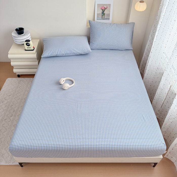 91家纺网 家纺一手货源 找家纺 佑佳家纺 2026新款全棉色织床笠款四件套 蓝小格