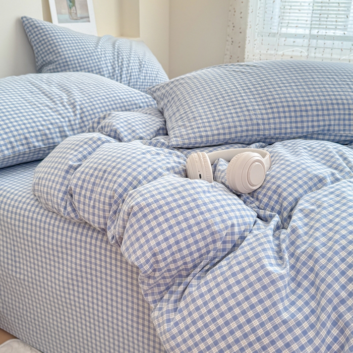 91家纺网 家纺一手货源 找家纺 佑佳家纺 2026新款全棉色织床笠款四件套 蓝小格