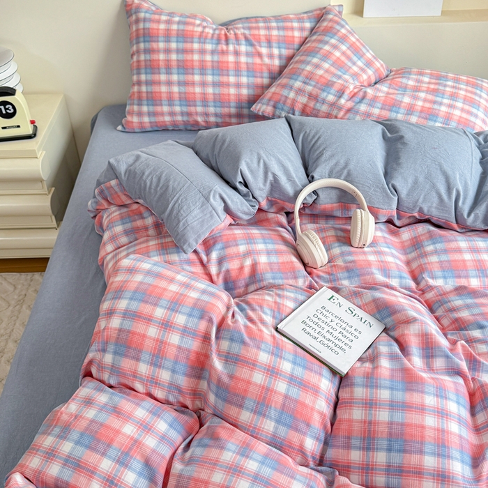 91家纺网 家纺一手货源 找家纺 佑佳家纺 2026新款全棉色织水洗棉四件套 嘟嘟柚红