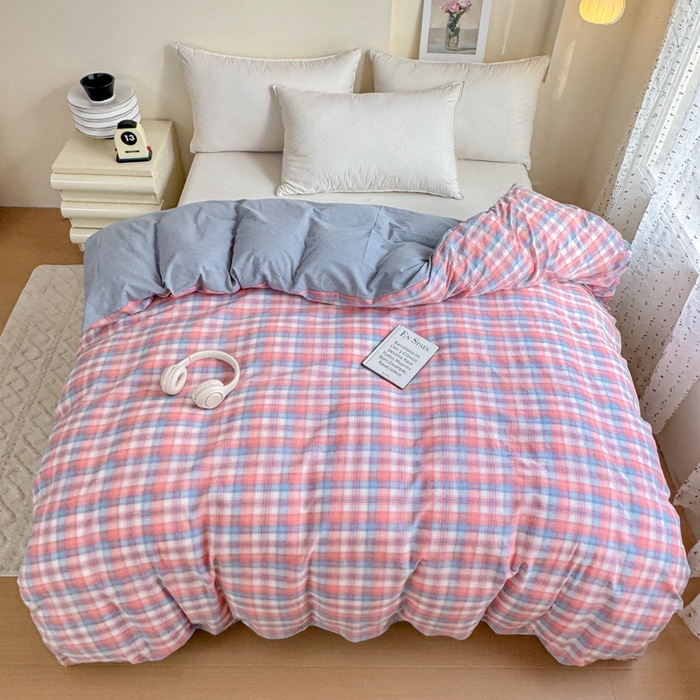 91家纺网 家纺一手货源 找家纺 佑佳家纺 2026新款全棉色织水洗棉四件套 嘟嘟柚红