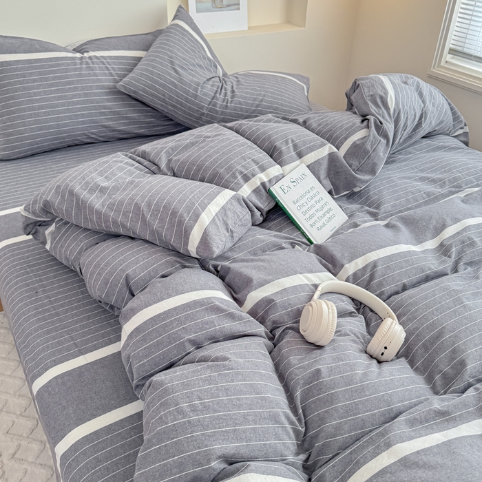 91家纺网 家纺一手货源 找家纺 佑佳家纺 2026新款全棉色织水洗棉四件套 灰色空间