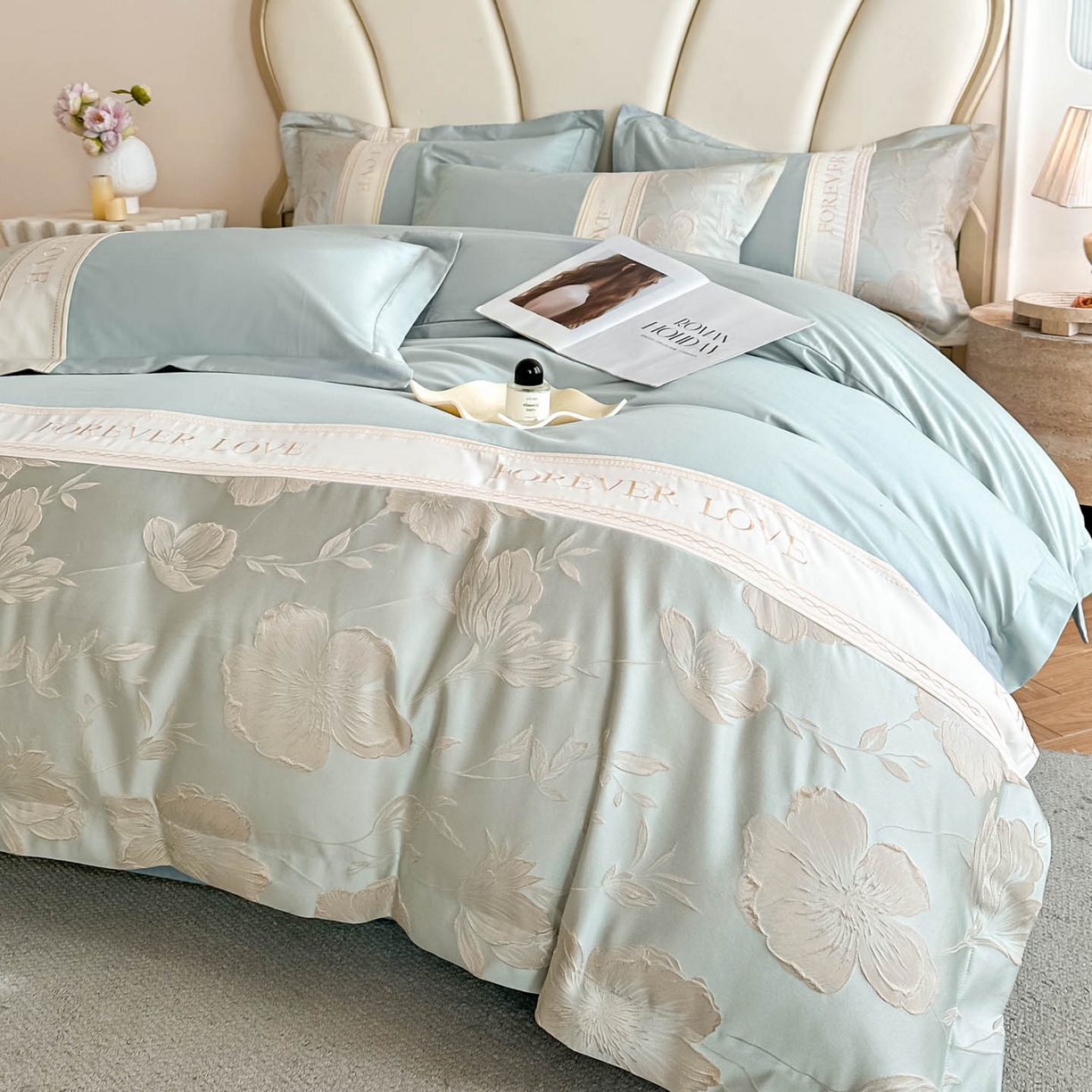 91家纺网 家纺一手货源 找家纺 润锦云 2026新款140克精品浮雕刺绣四件套-浮光韵梦 浮光韵梦-新芽兰