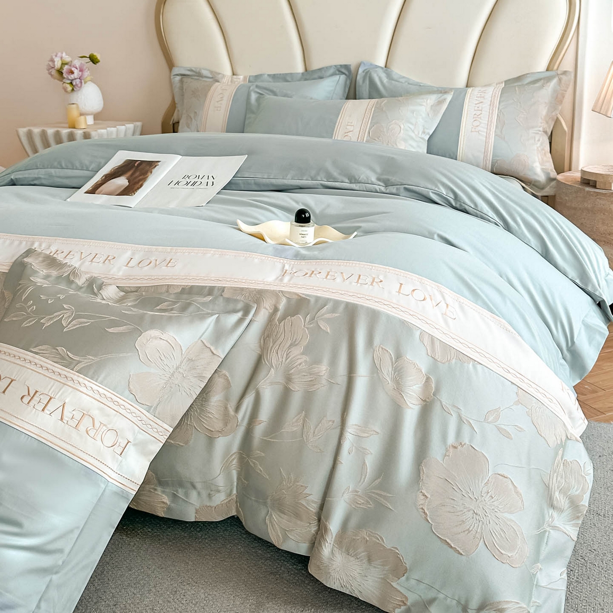 91家纺网 家纺一手货源 找家纺 润锦云 2026新款140克精品浮雕刺绣四件套-浮光韵梦 浮光韵梦-新芽兰