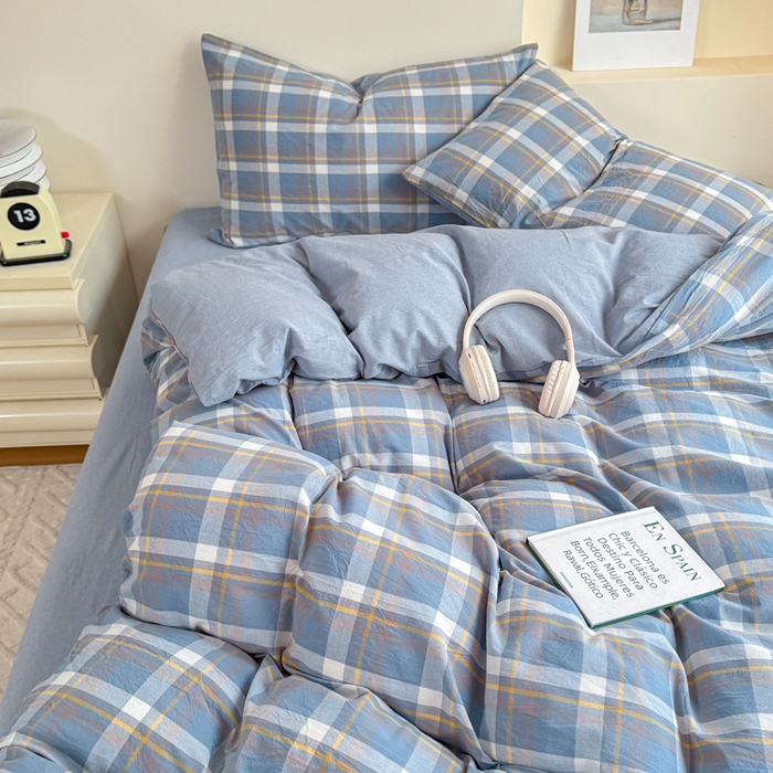 91家纺网 家纺一手货源 找家纺 佑佳家纺 2026新款全棉色织水洗棉四件套 简兮-蓝