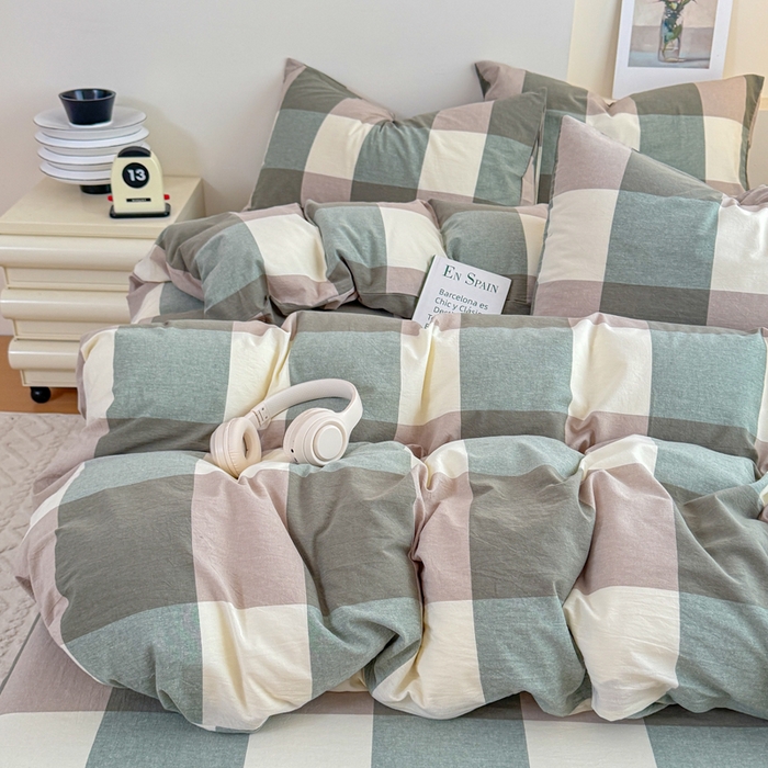 91家纺网 家纺一手货源 找家纺 佑佳家纺 2026新款全棉色织床笠款四件套 绿大格