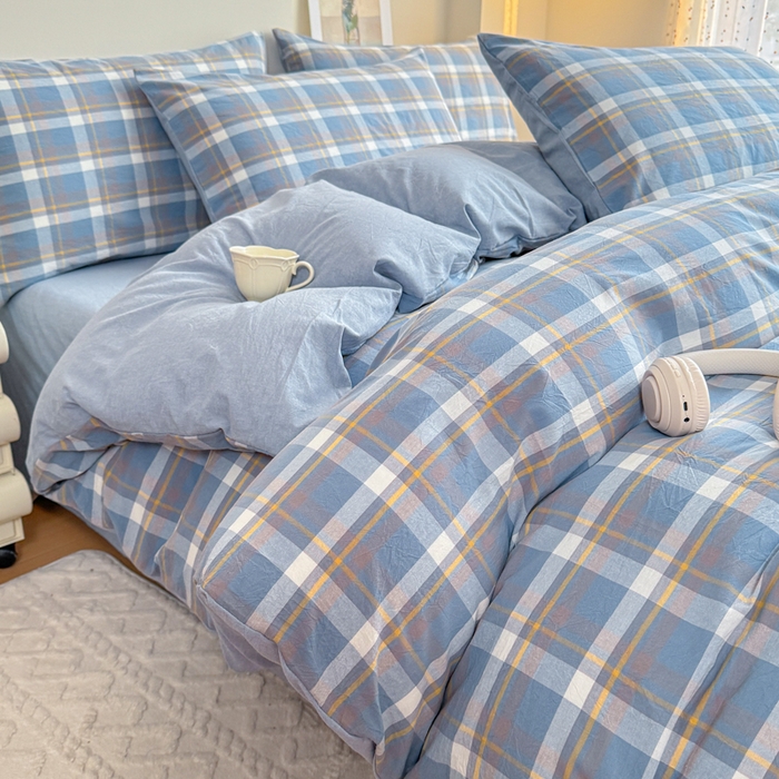 91家纺网 家纺一手货源 找家纺 佑佳家纺 2026新款全棉色织水洗棉四件套 简兮-蓝