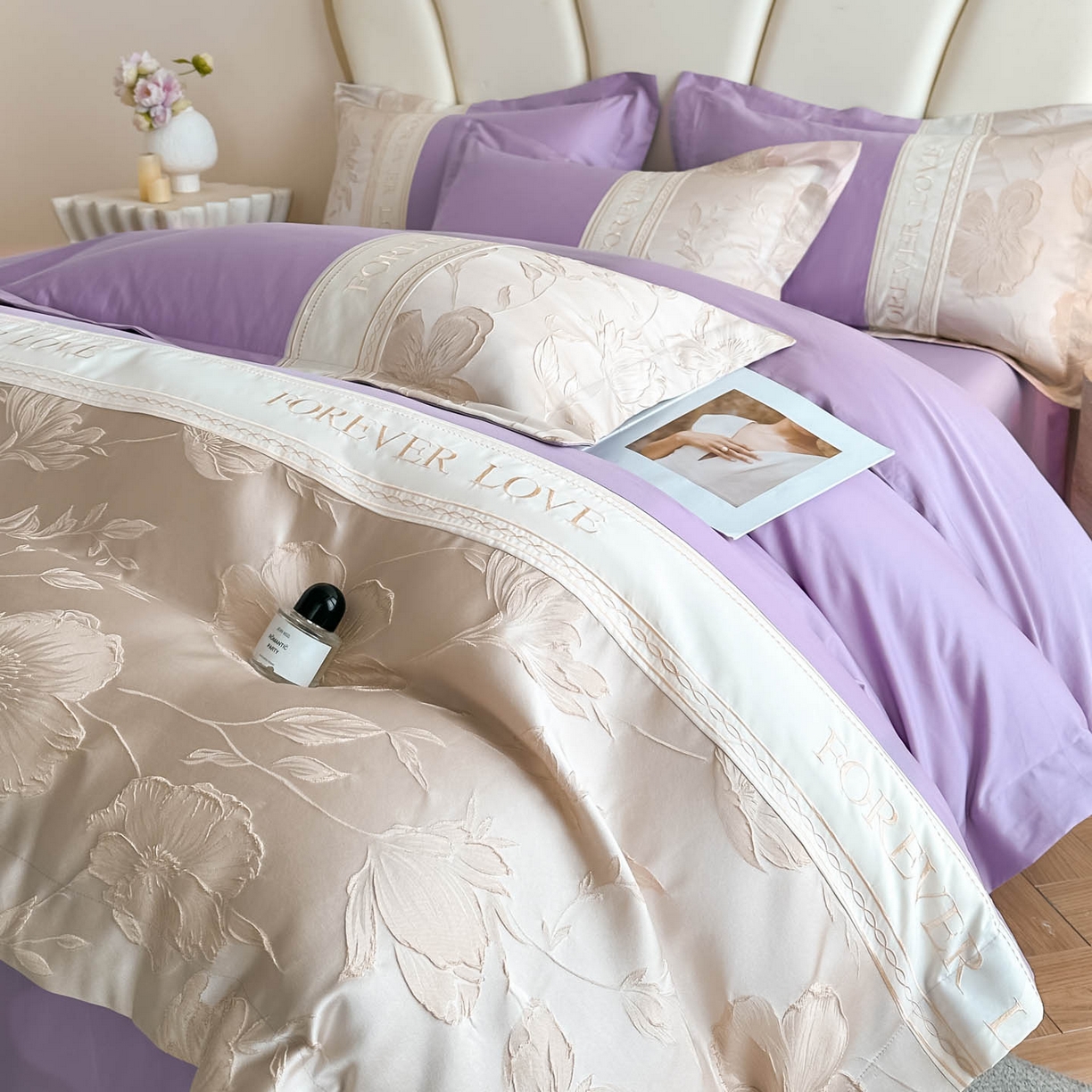 91家纺网 家纺一手货源 找家纺 润锦云 2026新款140克精品浮雕刺绣四件套-浮光韵梦 浮光韵梦-星月紫