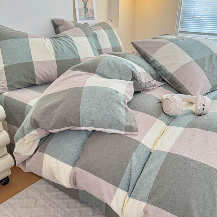 91家纺网 家纺一手货源 找家纺 佑佳家纺 2026新款全棉色织床笠款四件套 绿大格