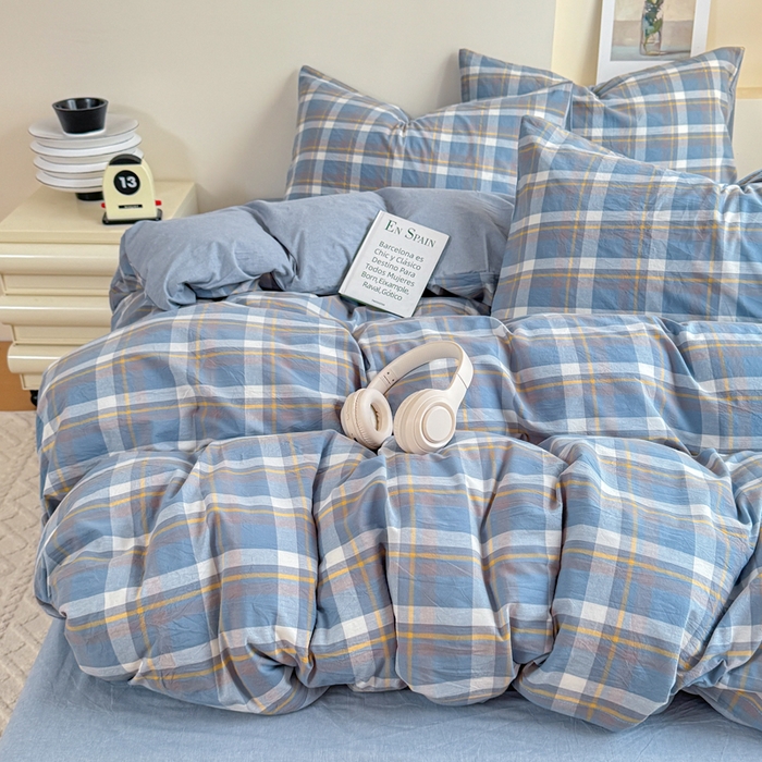 91家纺网 家纺一手货源 找家纺 佑佳家纺 2026新款全棉色织水洗棉四件套 简兮-蓝