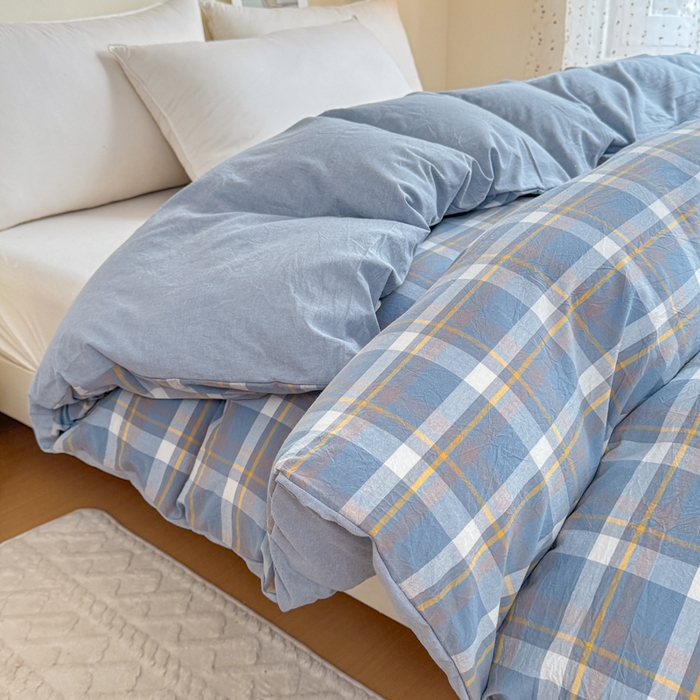 91家纺网 家纺一手货源 找家纺 佑佳家纺 2026新款全棉色织水洗棉四件套 简兮-蓝