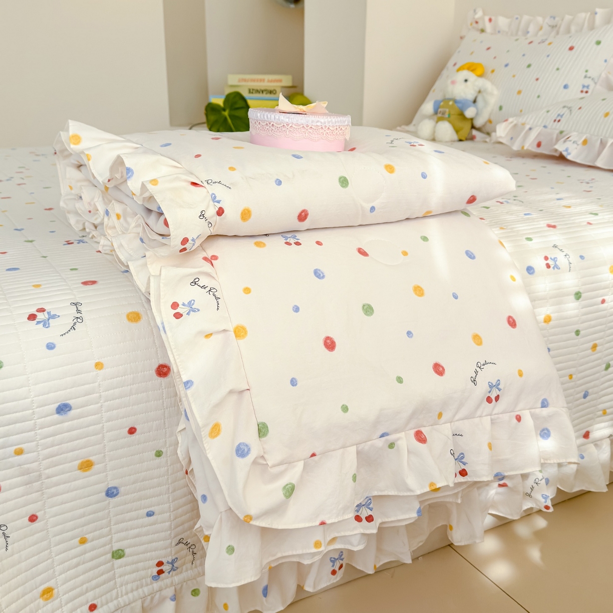 91家纺网 家纺一手货源 找家纺 归属 2026春夏新款古法仿棉床盖夏被四件套夏凉被空调被系列 彩色波点