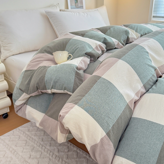 91家纺网 家纺一手货源 找家纺 佑佳家纺 2026新款全棉色织床笠款四件套 绿大格