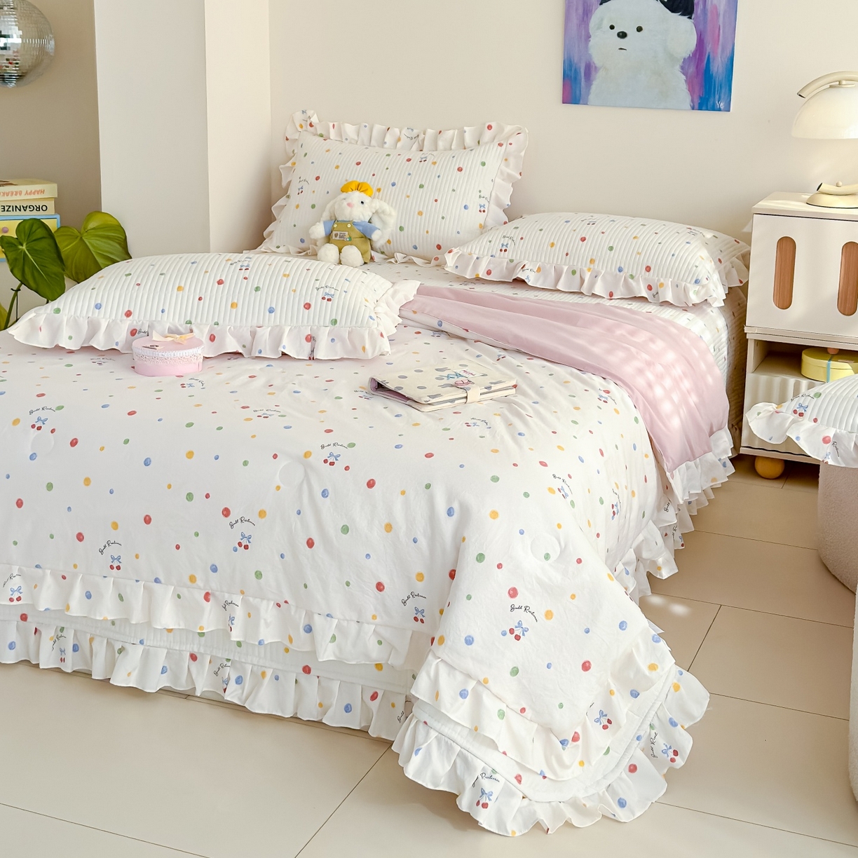 91家纺网 家纺一手货源 找家纺 归属 2026春夏新款古法仿棉床盖夏被四件套夏凉被空调被系列 彩色波点