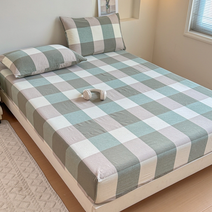 91家纺网 家纺一手货源 找家纺 佑佳家纺 2026新款全棉色织床笠款四件套 绿大格