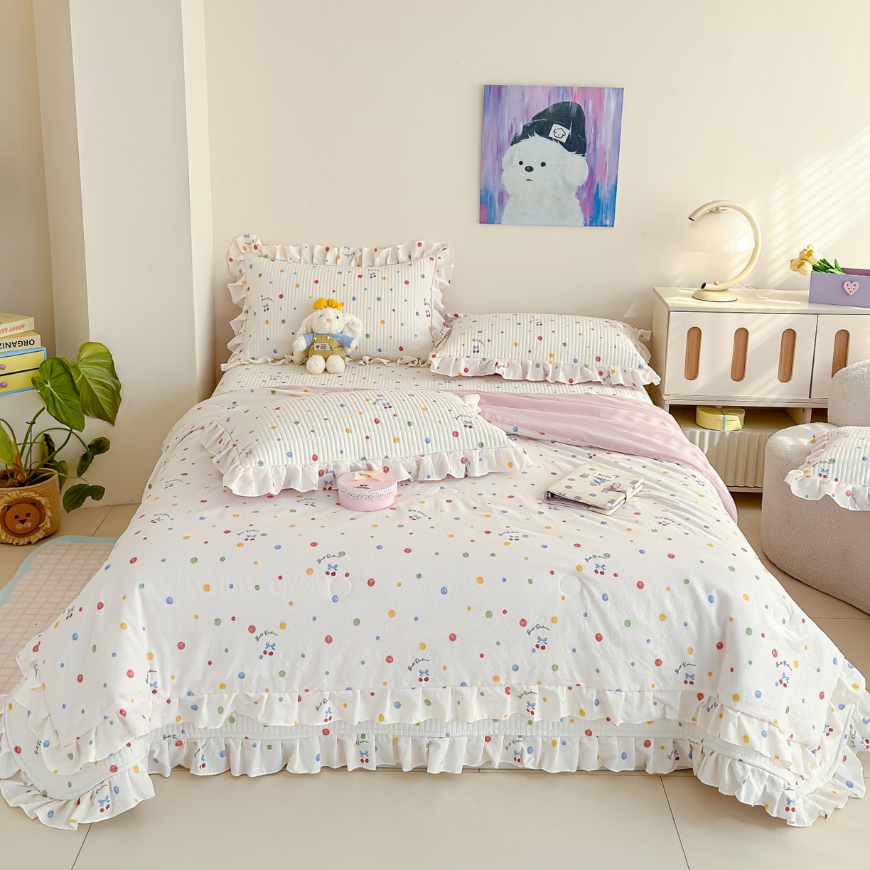 91家纺网 家纺一手货源 找家纺 归属 2026春夏新款古法仿棉床盖夏被四件套夏凉被空调被系列 彩色波点