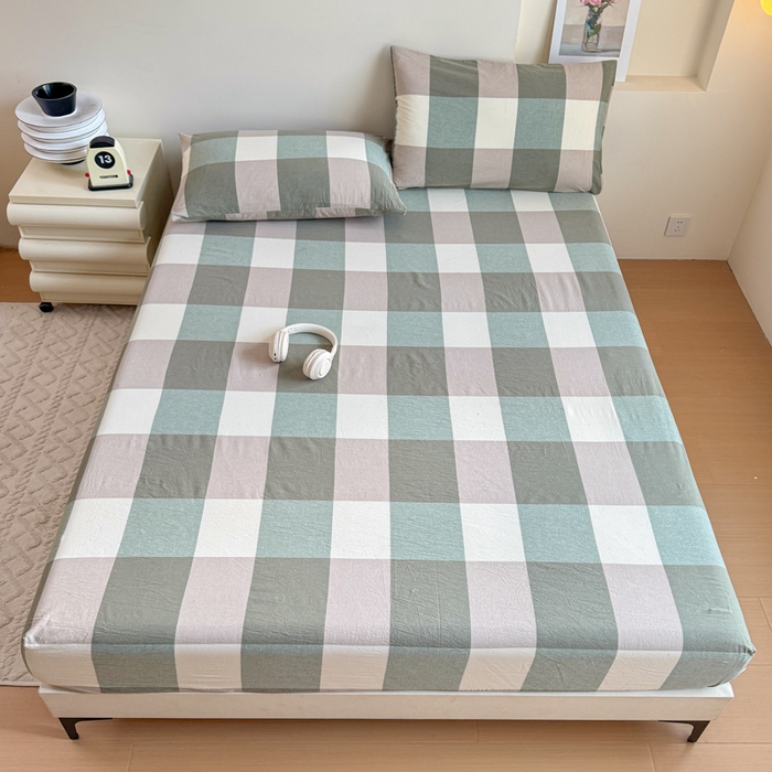 91家纺网 家纺一手货源 找家纺 佑佳家纺 2026新款全棉色织床笠款四件套 绿大格