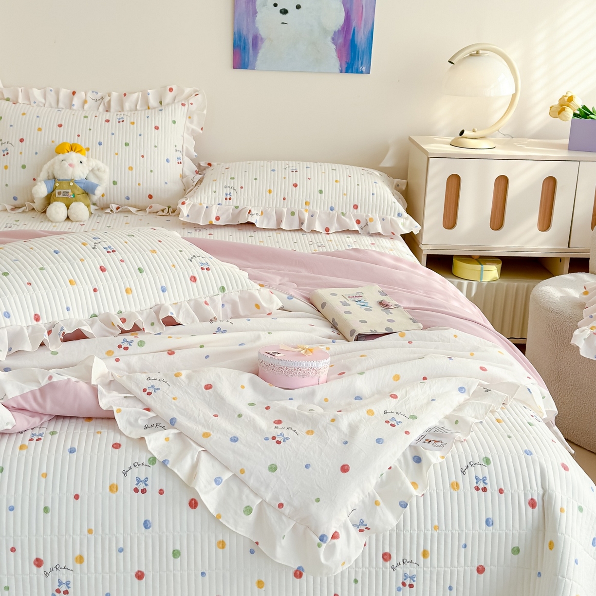 91家纺网 家纺一手货源 找家纺 归属 2026春夏新款古法仿棉床盖夏被四件套夏凉被空调被系列 彩色波点