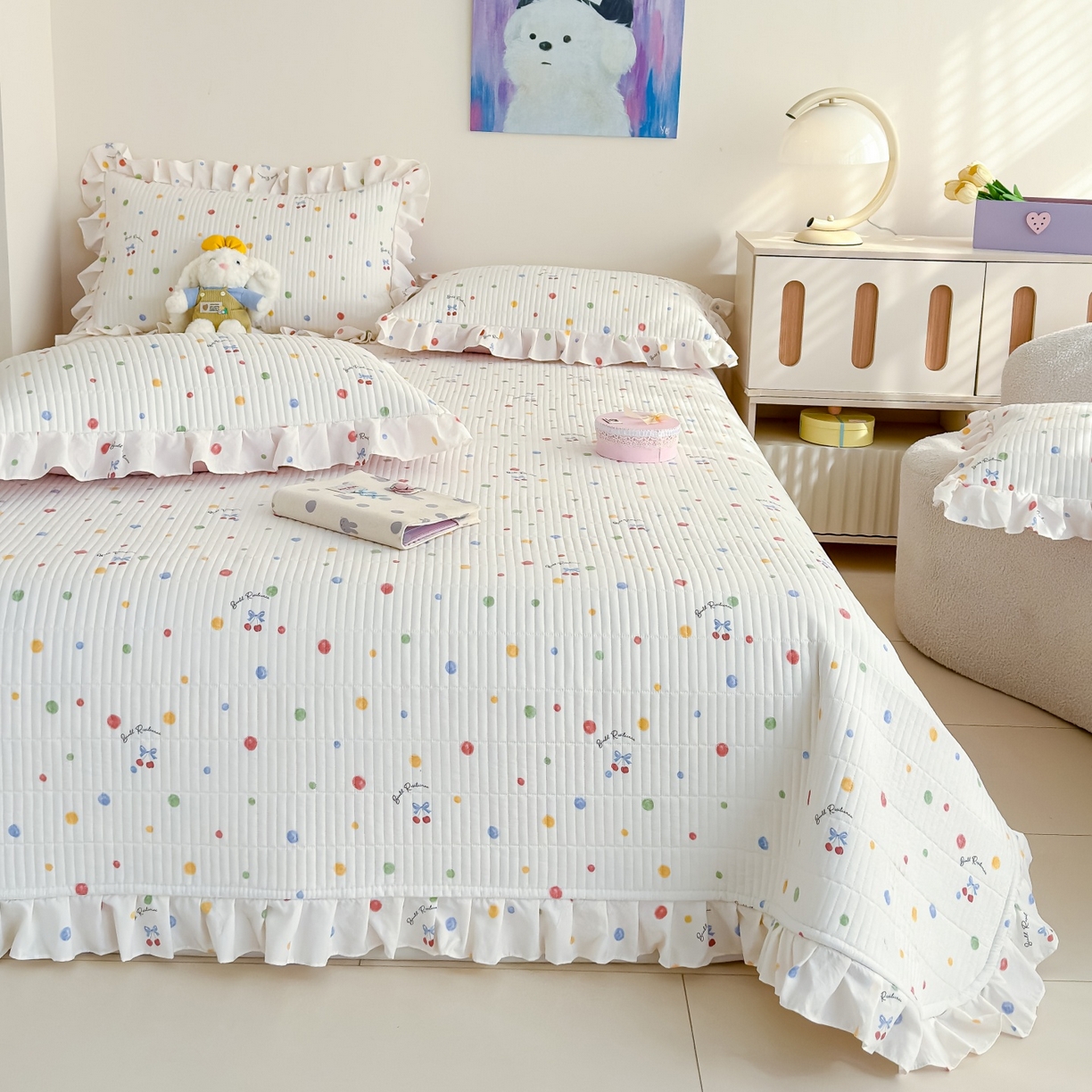 91家纺网 家纺一手货源 找家纺 归属 2026春夏新款古法仿棉床盖夏被四件套夏凉被空调被系列 彩色波点