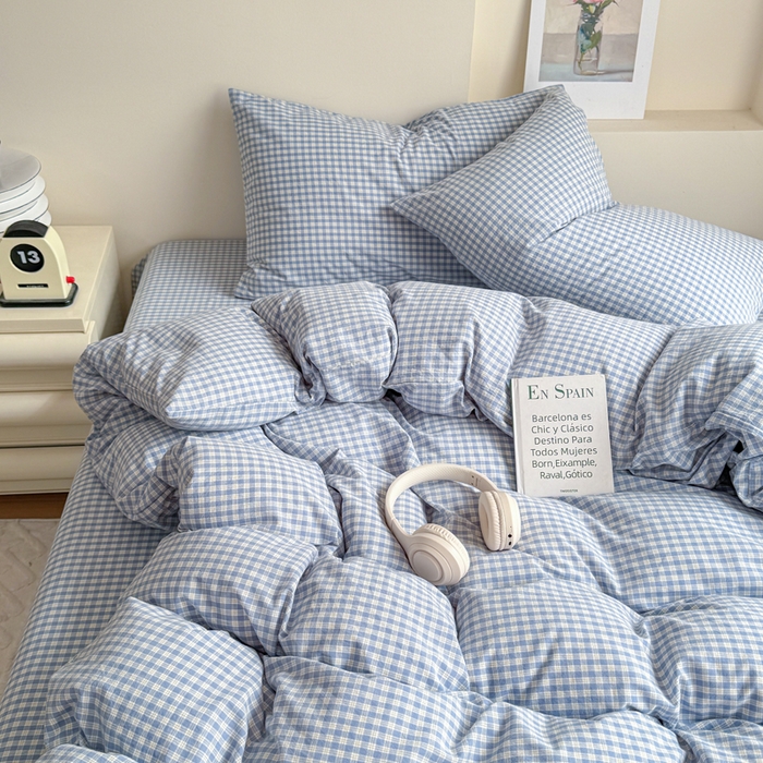 佑佳家纺 2026新款全棉色织水洗棉四件套 蓝小格