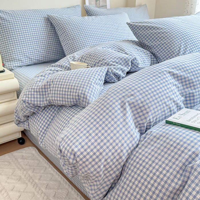 91家纺网 家纺一手货源 找家纺 佑佳家纺 2026新款全棉色织水洗棉四件套 蓝小格