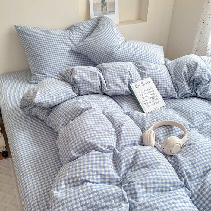 91家纺网 家纺一手货源 找家纺 佑佳家纺 2026新款全棉色织水洗棉四件套 蓝小格