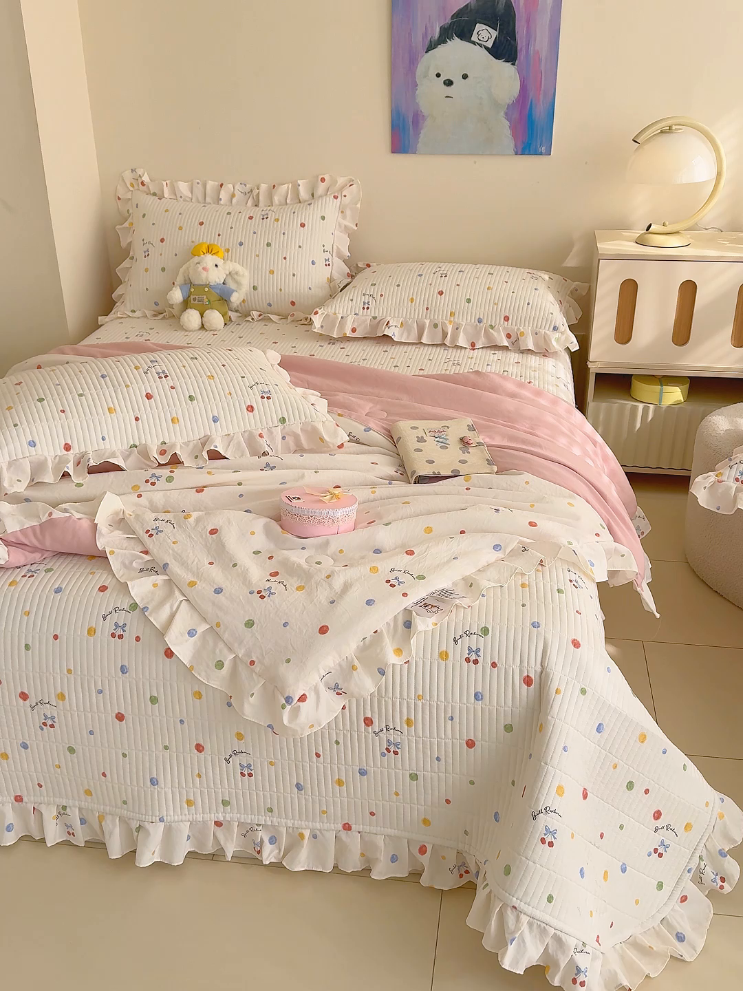 91家纺网 家纺一手货源 找家纺 归属 2026春夏新款古法仿棉床盖夏被四件套夏凉被空调被系列 彩色波点