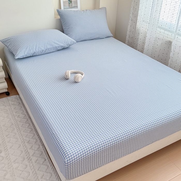 91家纺网 家纺一手货源 找家纺 佑佳家纺 2026新款全棉色织水洗棉四件套 蓝小格