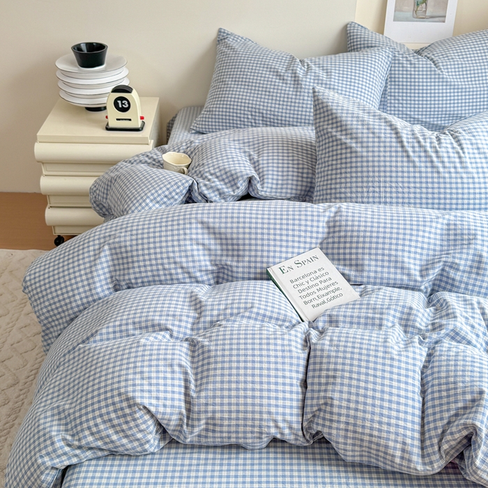 91家纺网 家纺一手货源 找家纺 佑佳家纺 2026新款全棉色织水洗棉四件套 蓝小格