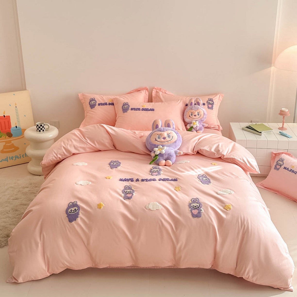 91家纺网 家纺一手货源 找家纺 润锦云 2026新款卡通款-A类全棉纯棉毛巾绣四件套 拉布布-粉玉