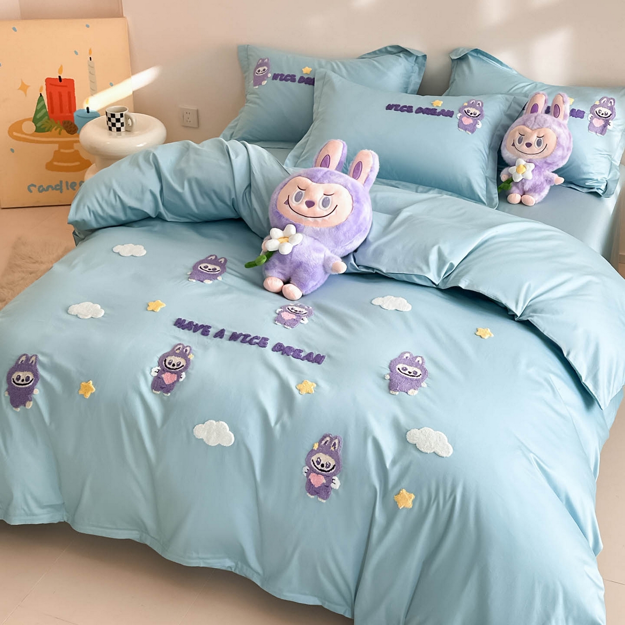 91家纺网 家纺一手货源 找家纺 润锦云 2026新款卡通款-A类全棉纯棉毛巾绣四件套 拉布布-蓝