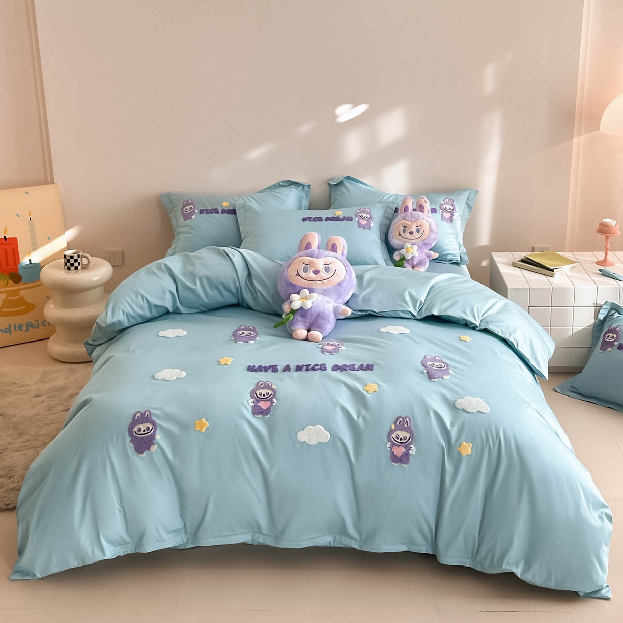 91家纺网 家纺一手货源 找家纺 润锦云 2026新款卡通款-A类全棉纯棉毛巾绣四件套 拉布布-蓝