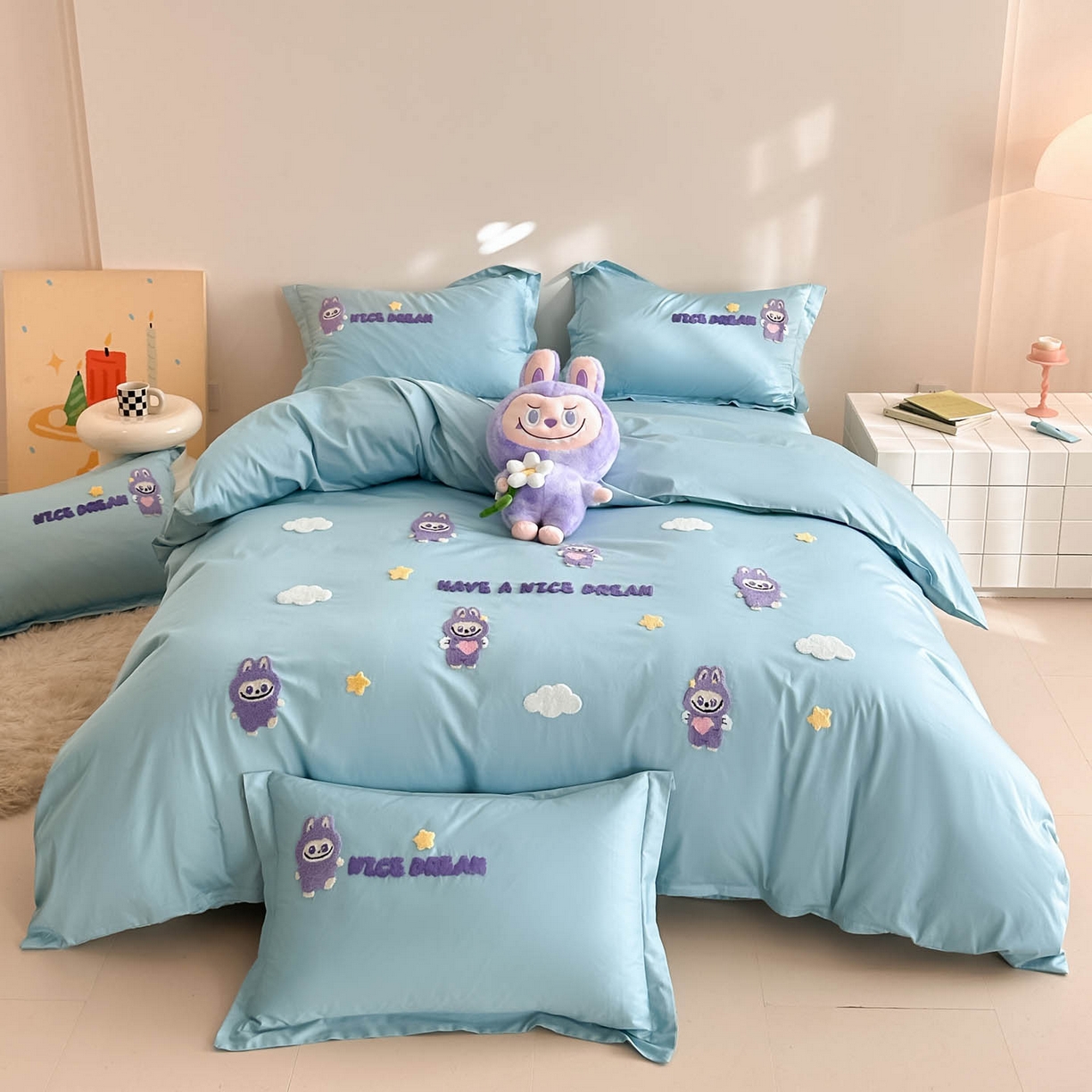 91家纺网 家纺一手货源 找家纺 润锦云 2026新款卡通款-A类全棉纯棉毛巾绣四件套 拉布布-蓝