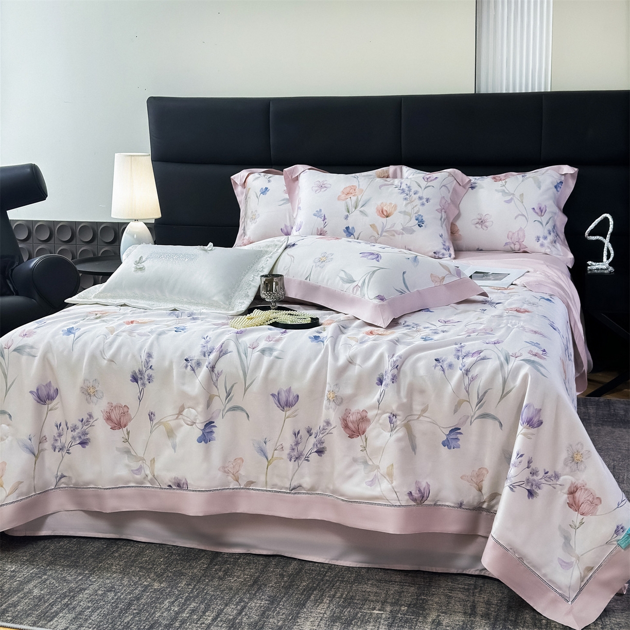 91家纺网 家纺一手货源 找家纺 岚司羽 2026春夏新款50天丝夏被四件套夏凉被空调被系列 流光花语