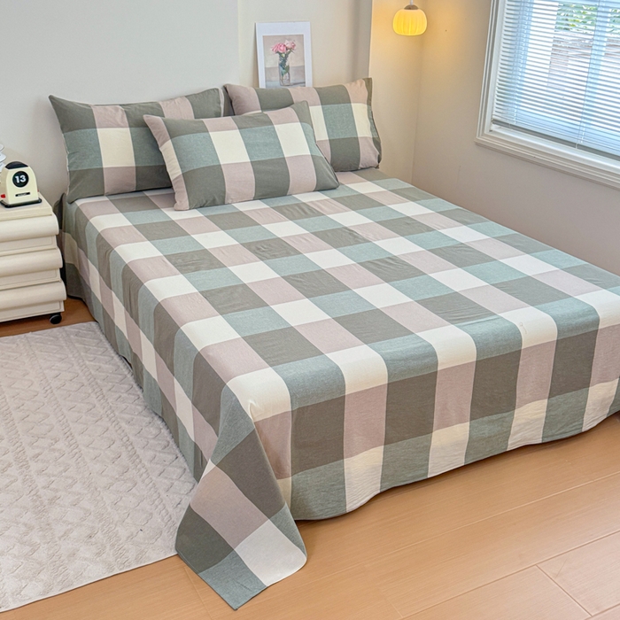 91家纺网 家纺一手货源 找家纺 佑佳家纺 2026新款全棉色织水洗棉四件套 绿大格