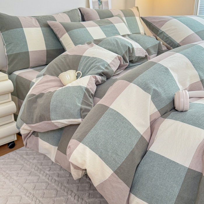 91家纺网 家纺一手货源 找家纺 佑佳家纺 2026新款全棉色织水洗棉四件套 绿大格