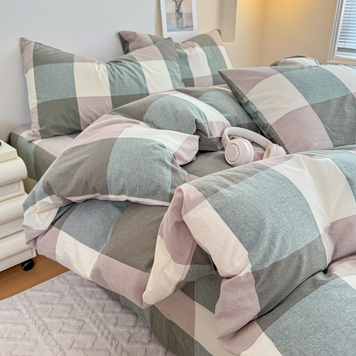 91家纺网 家纺一手货源 找家纺 佑佳家纺 2026新款全棉色织水洗棉四件套 绿大格