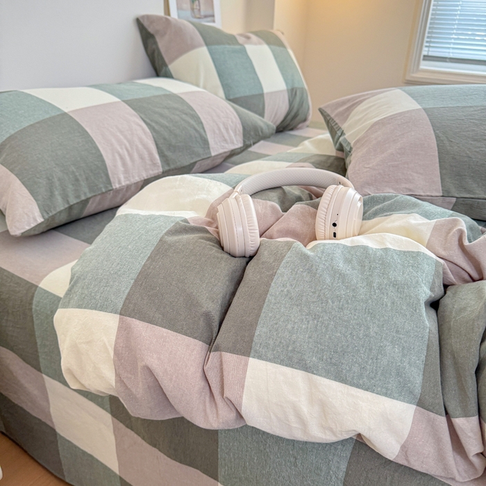 91家纺网 家纺一手货源 找家纺 佑佳家纺 2026新款全棉色织水洗棉四件套 绿大格