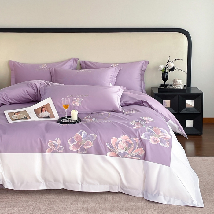 91家纺网 家纺一手货源 找家纺 （总）润锦云 2026新款A类全棉纯棉刺绣拼角四件套-栀梦