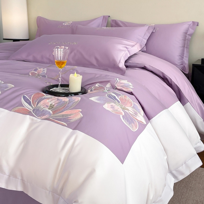 91家纺网 家纺一手货源 找家纺 （总）润锦云 2026新款A类全棉纯棉刺绣拼角四件套-栀梦