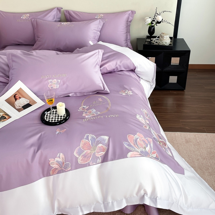 91家纺网 家纺一手货源 找家纺 （总）润锦云 2026新款A类全棉纯棉刺绣拼角四件套-栀梦