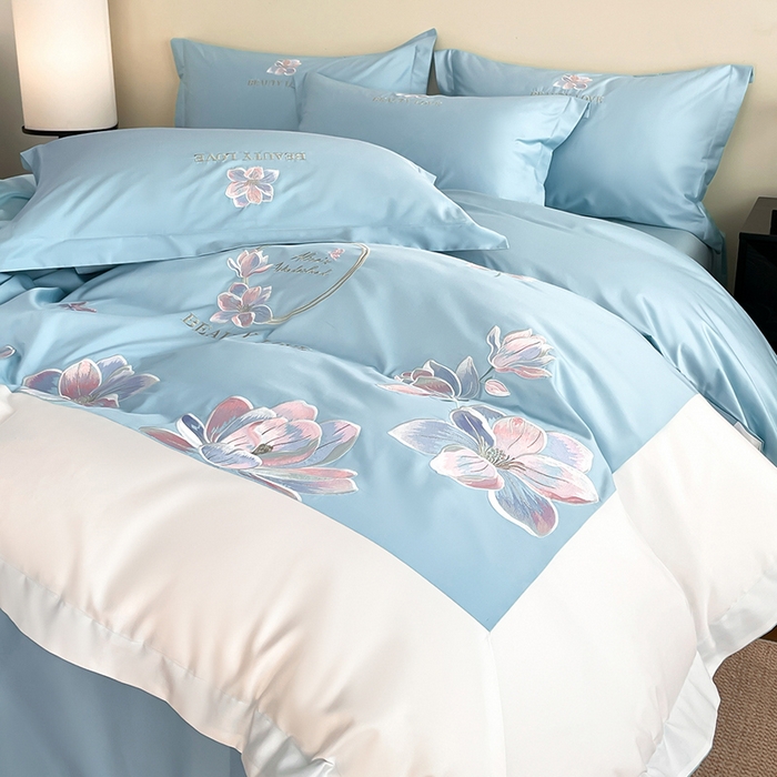 91家纺网 家纺一手货源 找家纺 （总）润锦云 2026新款A类全棉纯棉刺绣拼角四件套-栀梦