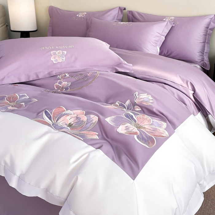 91家纺网 家纺一手货源 找家纺 （总）润锦云 2026新款A类全棉纯棉刺绣拼角四件套-栀梦