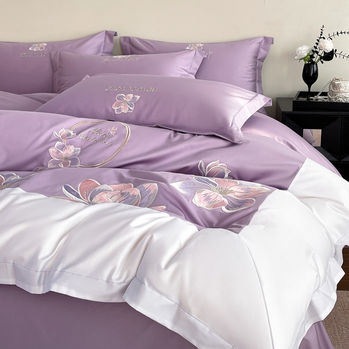 91家纺网 家纺一手货源 找家纺 （总）润锦云 2026新款A类全棉纯棉刺绣拼角四件套-栀梦